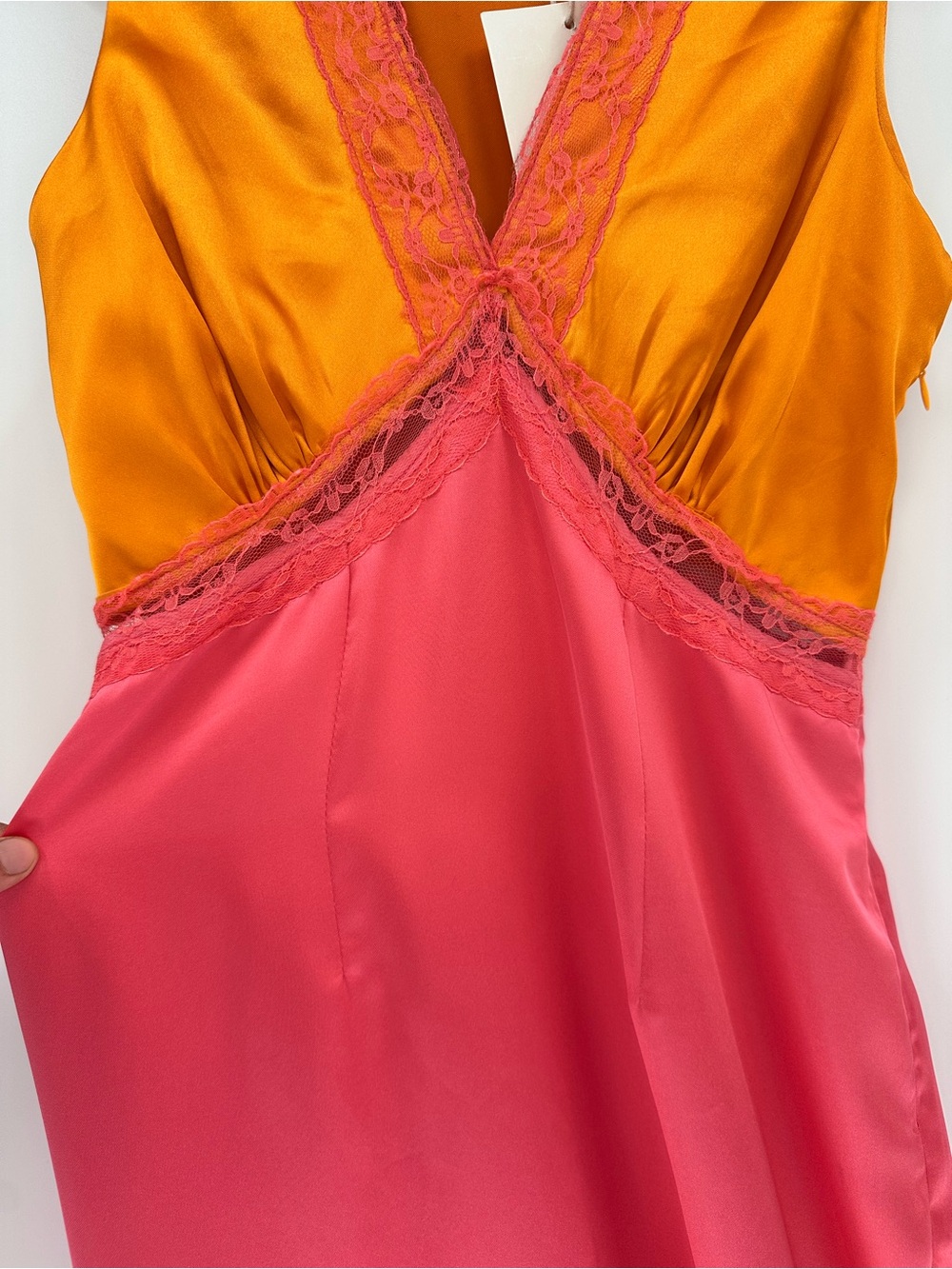 Never Fully Dressed Pink and Orange Satin Lace Slip Dress Size 6 - Picture 4 of 14